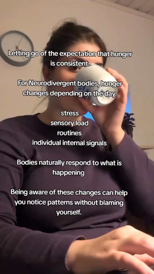 Hunger signals aren't consistent and that's normal for neurodivergent bodies.
Stress, sensory load, routines, and internal signals all shift how your body responds.
Notice patterns and don't blame yourself.
Save this for the days you need a low-pressure reminder.
#neurodivergentnutrition
#adhdnutrition #autisticadult #Intuitive Eating #foodfreedom 3m