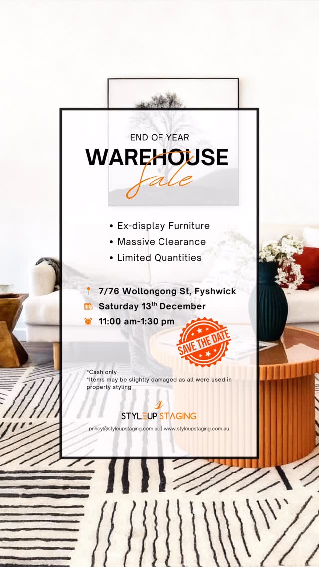 Save the Date for our Warehouse Sale 🛋️ Mega discount for ex-display furniture! ⏰ Sat 13th Dec, 11:00-13:30
#exdisplayfurniture #furnituresalecanberra #canberra #propertystyling #homestaging #canberrahomes