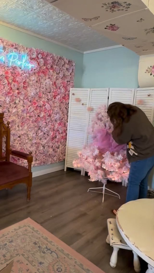 We are so excited to have our pink Christmas decor back up! Come see us at the Castle Rock Starlighting for an open house tomorrow or join us for a tea party by visiting our website link in bio! 💕🫖🎄#pinkchristmas #christmastree #tearoom #