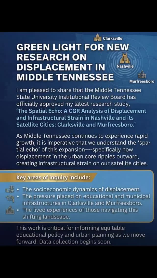 As Middle Tennessee grows, understanding the effects of displacement is crucial for effective urban planning and policy. Explore the new research focusing on how urban displacement creates a ‘spatial echo’ impacting our communities: https://wix.to/Y90k9od #mtsu #educationpolicy #urbanplanning #nashville #clarksville #murfreesboro #research #highered #clarksville