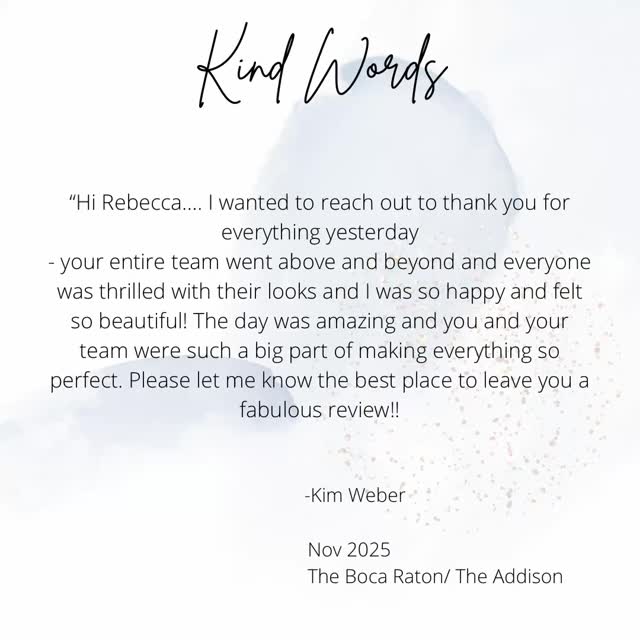 This past weekend was a a dream for our brides and a pleasure for my team and I.
From Miami Beach to @thebocaraton , we had the best time beautifying our wedding parties.
If you’re looking for an excellent beauty team for your wedding day, send us an email and we can chat about your details and start dreaming up your wedding day look. 🤍
Thank you Kim for such a sweet text- it was truly our pleasure being with you on such a special day.