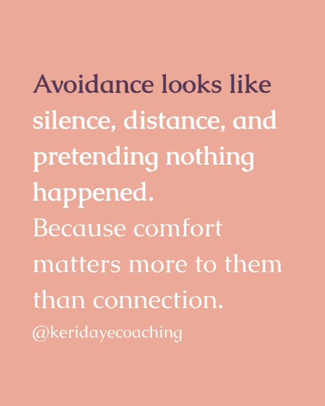 ✨Avoidance looks like silence, distance, and pretending nothing happened.
But it wasn’t nothing.
You were carrying the ache of disconnection while they prioritized their comfort.
Avoidance doesn’t protect the relationship — it protects the avoidant. And when you long for closeness, repair, and truth, that kind of protection feels like punishment.
You make sense.
This is exactly part of the work we do in 1:1 coaching — helping your nervous system heal from repeated ruptures and unmet bids for connection. DM me if you’re ready to be supported in this 💛
#keridayecoaching
#traumacoach
#healingfromemotionalabuse
#attachmenttrauma
#developmentaltrauma