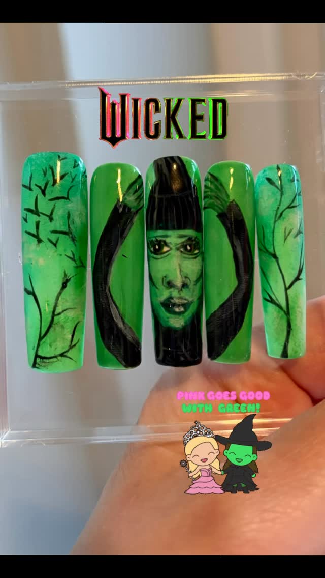 I think I used every shade of green I have to create these 😂🧙 part 2 of the wicked press on nails with Elphaba portrait #elphaba #nailart #handpaintednails #nailsnailsnails #naildesign #pressonnails #nails #wicked #nailartist