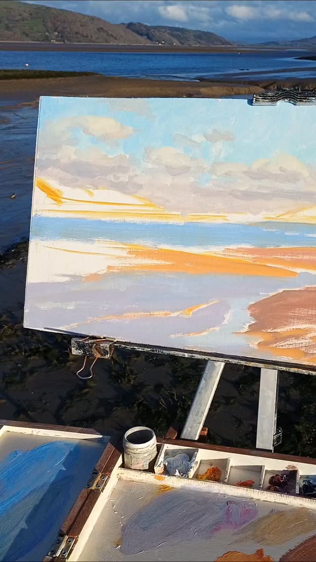 Beautiful to see flocks of Widgeon and Golden Plover take to the air over the cold and windy estuary. I'm enjoying exploring the many blues in this scene, the stream has carved a deeper and wider channel which nicely leads into the view, breaking up all those horizontals.