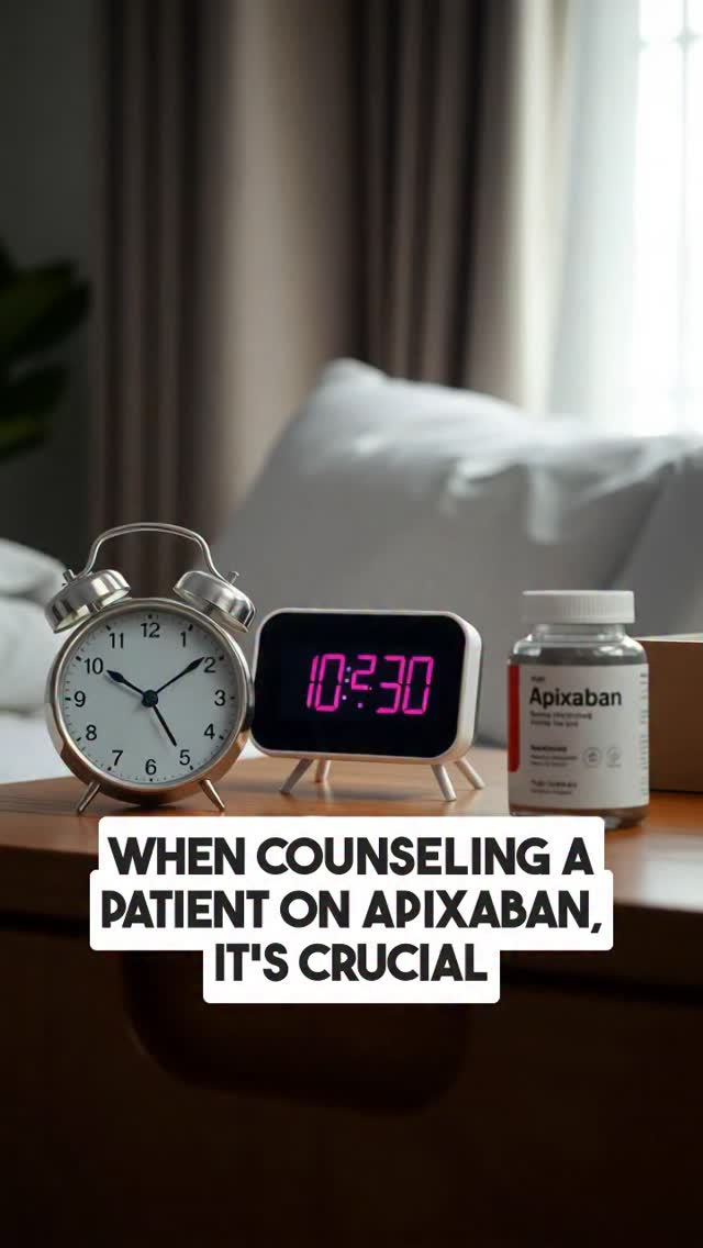 Counselling patients on Apixaban!
🔹 What is it?
A DOAC that inhibits factor Xa, reducing thrombin formation and preventing clots.
🔹 Common indications
✔️ Stroke prevention in non-valvular AF
✔️ Treatment & prevention of DVT and PE
✔️ VTE prophylaxis after hip or knee replacement
🔹 Usual dosing (AF)
5 mg twice daily
Reduce to 2.5 mg twice daily if 2 or more apply:
• Age ≥80 years
• Weight ≤60 kg
• Serum creatinine ≥133 µmol/L
🔹 Key counselling points
⏰ Take twice daily, 12 hours apart
❗ Don’t miss doses or stop suddenly (short half-life)
🩸 Report signs of bleeding or bruising
🗣️ Always tell healthcare professionals before procedures or new meds
#pharmacy #pharmacist #foundationpharmacist #pharmacytraining #clinicalpharmacy #reels #explorepage #pharmacyschool #mpharm #pharmd #pharmacology #pharmacologyrevision #foundationdoctor #GPregistrar #GPTraining #pharmacologyschool #revisepharmacology #preregistration #foundationtraining #nursetraining #nursestudent #pharmacystudent #medicinestudent #pharmacyquiz
#futurepharmacist #studentpharmacist #meded