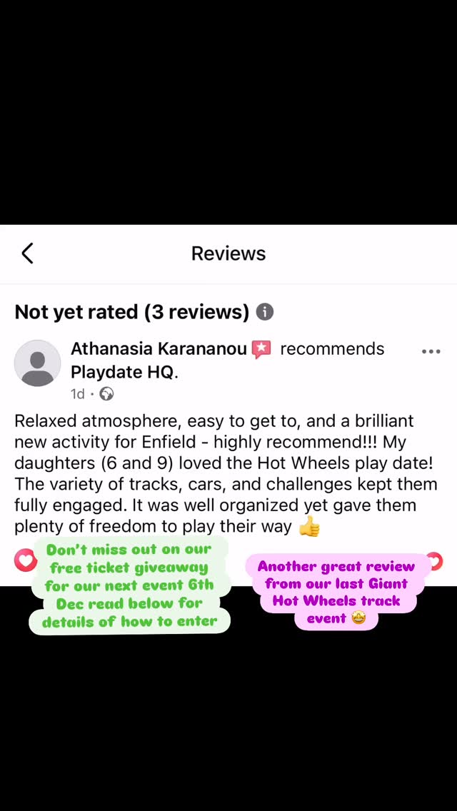 🚗🔥 GIANT HOT WHEELS TRACK EVENT! 🔥🚗
Happening Saturday 6th December
🎉 We’re giving away FREE tickets!
One winner for EACH session!
🏆 Winners announced Sunday 30th November at 7pm
✨ 2 Lucky Winners Will Receive:
👧👦 2 children’s tickets (includes 2 adults)
📅 Event date: Saturday 6th December
⏰ Slots:
• 10:00–11:00am
• 11:15–12:15pm
👉 REMEMBER:
If YOU are tagged and want to enter, you must tag someone else to qualify! 🔁
💛 HOW TO ENTER:
1️⃣ Follow @hqplaydate on Instagram or Facebook
2️⃣ Sign up to the Playdate HQ mailing list
3️⃣ Like this post ❤️
4️⃣ Tag your friends in separate comments 👇
➡️ 1 tag = 1 entry
*Already booked for December? No problem — winners can use tickets for January sessions
🚫 IGNORE ANY COMMENTS POSING AS US!
Winners will ONLY be contacted via DM.
We will NOT comment on this post or send any links.
If you’re unsure, email us: hello@playdatehq.co.uk ✉️
📍 Event Details:
📍 Enfield, Wren Academy
🕒 Sessions: 10:00–11:00am | 11:15–12:15pm
🅿️ Free parking available
Open to UK residents only.
This giveaway is not endorsed, sponsored or associated with Facebook or Instagram.
Full T&Cs available on our website — see link in bio.
Good luck! 🍀🚗🔥
#hotwheels #enfieldkids #enfieldparents #enfieldtown #enfieldkidsactivities #hertskids #londonkids #playcars #kidsfun #enfield #hertforshirethingstodo #enfieldthingstodo #freegiveaway #ticketgiveaway #smallbusinessenfield #smallbusiness #enfieldbusiness #entercompetition #kidscars #hotwheelskids