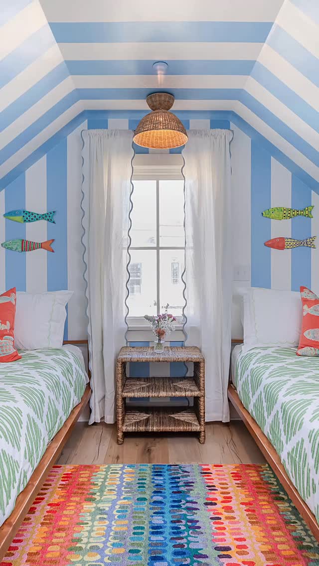 Everyone will be fighting over this bedroom 💛💚💙🧡 and will be talking about it for years to come 🐟🐠🐡 welcome to your new favorite Charleston Airbnb #airbnbstyling #goboldorgohome #stripesfordays #homestylist #charlestonairbnb