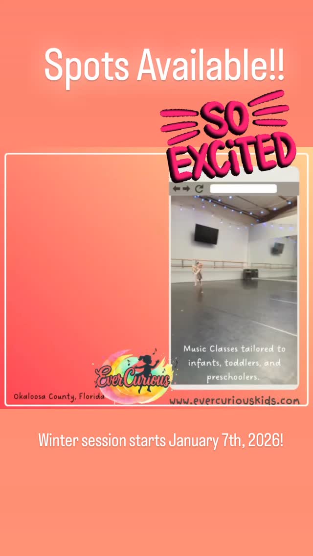 Give your child a headstart with music. Music helps with developmental skills, confidence, and language skills. The best part is that they don't even know that they're learning! Playful music classes to enjoy every week.
Winter session starts January 7th, 2026. Sign your infant, toddler, or preschooler up for Music Magic classes today! For more information, or to sign up, visit www.evercuriouskids.com
#musicwithmissbeth #evercuriouskids #evercuriousllc #musicmagicclass #musicforbabies #okaloosamusic #musicclassesfortoddlers #musicfortoddlers #thingstodoinniceville #toddlerclasses #okaloosacounty #nicevillekids