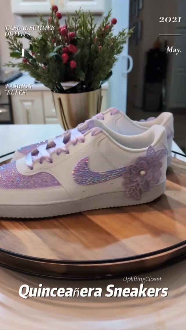 Sparkle that actually lasts all night ✨
These custom lavender rhinestone sneakers are perfect for quinceañera and Sweet 16s, and anyone who wants comfort and glam.
Hand-designed, crystal-set, and topped with satin laces + a floral appliqué for that extra touch of princess vibes.