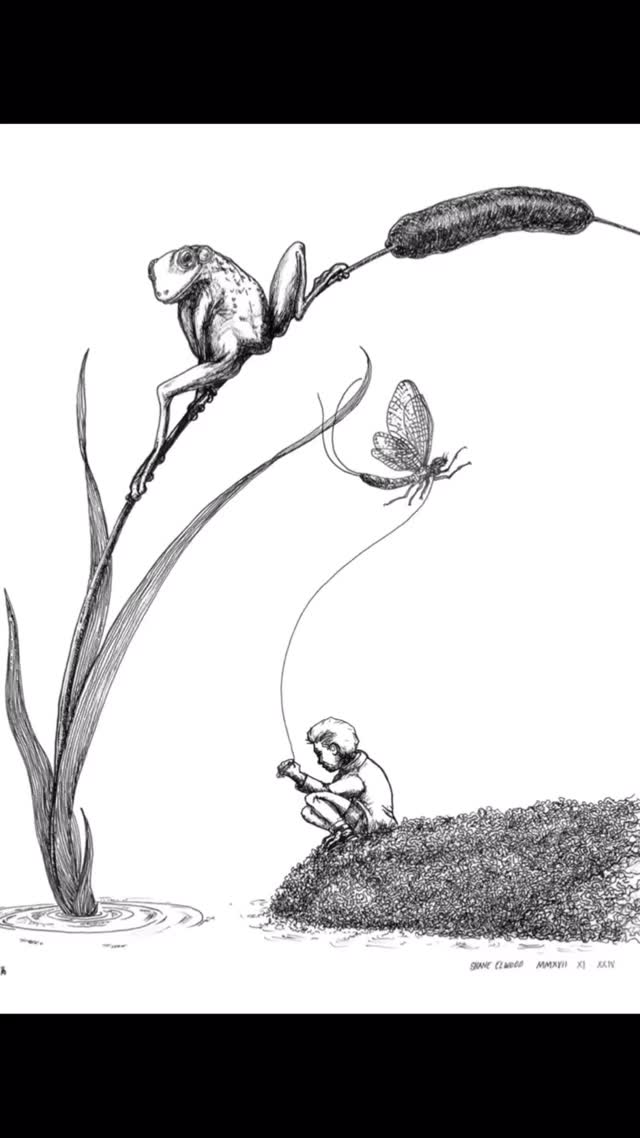 At Bog’s Edge - my wife said to draw a frog. I said no, suddenly a frog was on my page. As I added elements to the page I was feeling a personal story unfold. My times walking through the woods with my dog and cat as companions. And the young lad on this journey feeling melancholy. Saddened by the loss of his father but moving through his own adventure alone. I seemed to have blended my father’s own story into this piece.