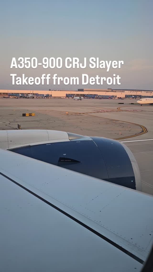 🛫 Smoooooth takeoff aboard the Airbus A350-900 CRJ Slayer, just before sundown in Detroit. 🔊 Nice sound on this video, from the gradual engine spool up to the clunk of the closing landing gear doors. ⚠️ This exact aircraft, N503DN, was the A350 that collided with a CRJ-900 in Atlanta in 2024, knocking off the CRJ's tail. We unofficially dubbed it the CRJ Slayer and made a shirt in its honor!
.
🏷 #deltaairlines #airbusa350 #a350 #a350900 #airbusa350lovers #crjslayer #n503dn #wingview #takeoff #detroitairport #airtravel #windowseat #avgeek #jetsetter