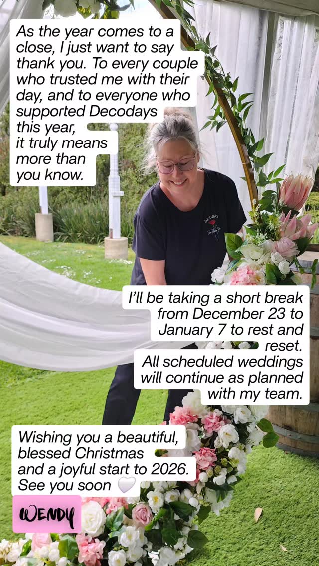 As the year comes to a close, I just want to say thank you.
To every couple who trusted me with their day, and to everyone who supported Decodays this year, it truly means more than you know.
I’ll be taking a short break from December 23 to January 7 to rest and reset.
All scheduled weddings will continue as planned during this time.
Wishing you a calm, beautiful Christmas and a wonderful start to 2026 🤍
#decodays #melbourneweddings #weddingstylistmelbourne #weddingfloristmelbourne #fauxflorals artificialweddingflowers weddingstyling eventstylingmelbourne bridetobe engagedmelbourne yarraValleyweddings dandenongrangesweddings pakenhamflorist
