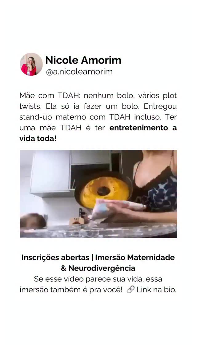 Crescer com uma mãe neurodivergente é isso: o bolo dá errado, a cozinha vira caos, mas a risada vira memória.
Não é “mãe lesa”, não é “mãe incapaz”. É TDAH, é neurodivergência, é um cérebro que funciona diferente num mundo que não foi pensado pra ele.
Se você se vê nesses momentos: rindo pra não chorar entre culpa, amor e sobrecarga, essa conversa é pra você.
🔔 Imersão Maternidade & Neurodivergência
Inscrições abertas, nela vamos falar de TDAH, autismo, sobrecarga sensorial, culpa materna e caminhos possíveis de cuidado.
👉 Garanta sua vaga: link na bio.
#tdah #meme #maternidade #maetdah #neurodivergencia