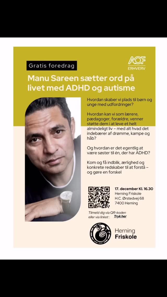 🔴 UPDATE 5/12-25:
Foredraget er desværre allerede udsolgt
KOM OG HØR MANU SAREEN FORTÆLLE OM ADHD 🧠
Gennem AOF Erhverv har vi fået en fantastisk mulighed for at tilbyde et spændende og relevant foredrag med forfatter og tidligere minister Manu Sareen 😃
📅 Onsdag den 17.december
⏰ Kl. 16.30-18.00
📍 Herning Friskole, H.C. Ørstedsvej 68
💸 GRATIS
✍️ Tilmeldingslink i bio
Manu Sareen er som voksen blevet diagnosticeret med ADHD, og under foredraget vil han både fortælle om sine egne erfaringer og komme med brugbar vejledning til alle, der har kontakt med mennesker med ADHD.
Manu er kendt for sin ærlige, jordnære og humoristiske måde at formidle svære emner på, især når det handler om ADHD, autisme, inklusion og familieliv.
Han deler åbent ud af sine egne erfaringer som pårørende og som fagperson, og han formår at bygge bro mellem forskning, praksis og virkelighedens udfordringer.
Læs mere om foredraget på tilmeldingslinket (se link i bio 🔗)
Tilmelding er nødvendig, men foredraget er ganske gratis, og du må meget gerne tage din teenager, din nabo, din mor eller din ven/veninde med til et par spændende timer om et aktuelt og vigtigt emne.
Vi ses 😃
@manusareen #AOF #Foredrag #ADHD #VigtigtEmne #fællesskab #friskoleliv #friskole #herningfriskole #etgodtstedatlæreværeogvokse