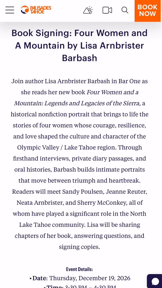 Thank you Palisades Tahoe for hosting for women and a mountain book signing on December 19 at 3:30 in bar one! I’m so grateful, and I hope to see you there!