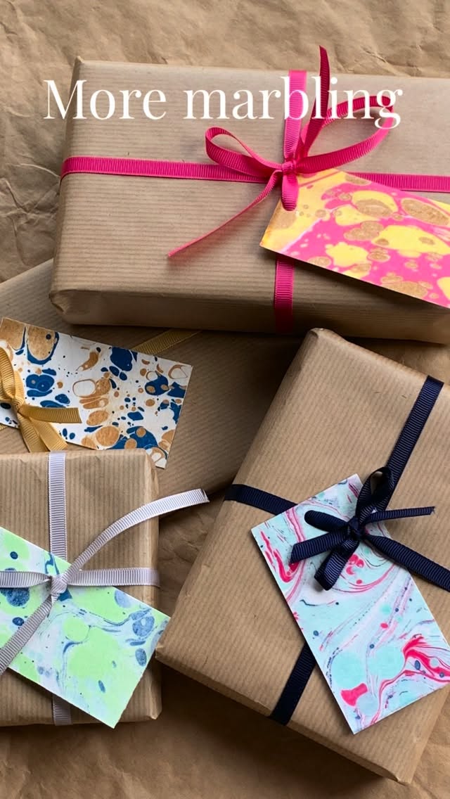 Marbling is a very satisfying process. But it does involve some time and planning.
The “size” needs to be made the day before to get rid of any air bubbles, and the paper has to have a layer of “mordant” to soak up the ink. So I always block out 36 hours of my diary.
A steady hand also helps. And I think I’ll treat myself to a manicure…