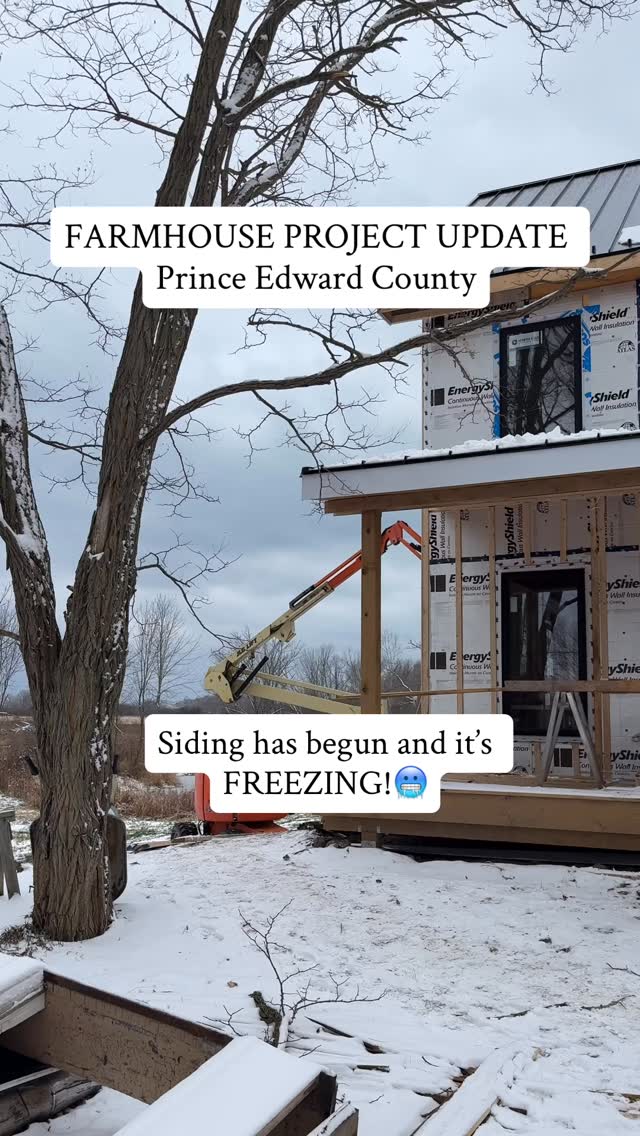 Farmhouse Project Update🏡
Prince Edward County
It’s been a freezing cold week at the farmhouse 🥶…not the best for working outside, but the siding must go on!
We have the team back from @aawdesignbuildltd and they are braving the weather to get the farmhouse closed in for the winter.
Strapping is up and the window trim is going on…next up the siding!🥳#exteriorrenovation #renovation
#oldfarmhouse #houserenovation#renolife oldhouserenovation renovationjourney renovationproject houserenovation farmhouserenovation princeedwardcounty