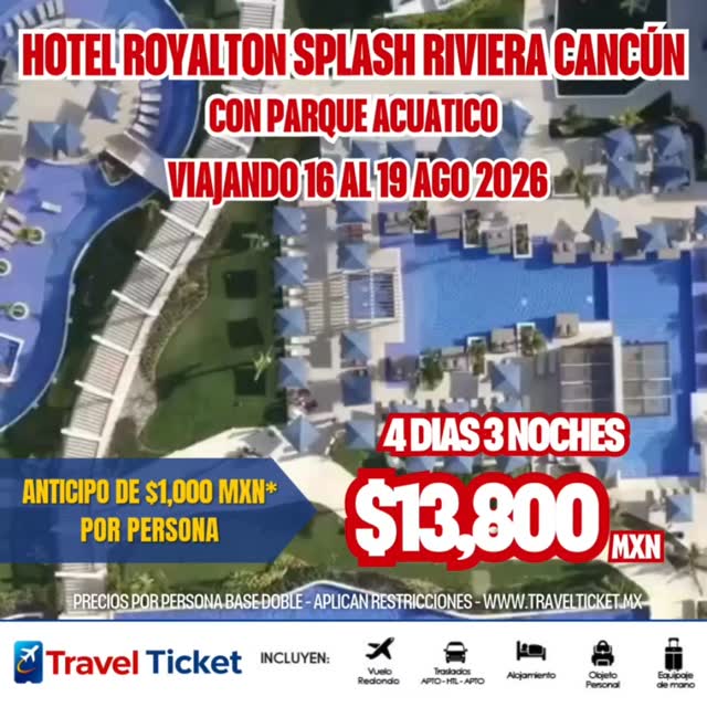๐ดโ๏ธยก*VIAJE GRUPAL A CANCรN*! โ๏ธ๐ด
*16 al 19 de agosto* โ 4 dรญas / 3 noches
๐จ *Royalton Splash Riviera Cancรบn*
โจ Hotel con parque acuรกtico incluido
๐ซ Salida desde Monterrey a las 6:30 AM
๐ฌ Regreso desde Cancรบn a las 4:25 PM
*INCLUYE:*
โ๏ธ Vuelo redondo MTYโCancรบnโMTY
โ๏ธ Artรญculo personal + equipaje de mano 10 kg por persona
โ๏ธ Traslados aeropuertoโhotelโaeropuerto
โ๏ธ Hospedaje Todo Incluido en Royalton Splash
โ๏ธ Uso del parque acuรกtico
โ๏ธ Viaje grupal con acompaรฑamiento
๐ฒ PRECIOS POR PERSONA EN BASE DOBLE:
๐ค *Adultos: $13,800 MXN*
๐งโ๐ *Juniors (11โ17 aรฑos): $11,400 MXN*
๐ง *Menores (2โ10 aรฑos): $10,600 MXN*
๐ณ *SEPรRALO CON SOLO $1,000 MXN POR PERSONA*
โจ ยกLiquida el resto en pagos mensuales!
๐ฅ Cupo limitado โ Reserva ya y asegura tu lugar.
๐ฒ Escrรญbenos por inbox o WhatsApp para apartar tu viaje.