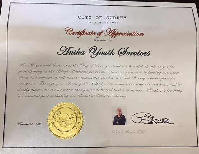 We are so excited and grateful that our youth are being recognized by @thecityofsurrey for their work in the Adopt-A-Street program. We are honoured to receive this award on their behalf.