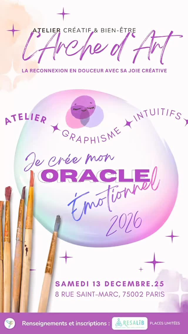 Modifier la publication
🎨 ATELIER CRÉATIF — Cartes « Oracle » & Inspirantes pour 2026 🥳🎁🧑🎄
⚡ Il ne reste plus que 4 places ! Réservez vite la vôtre pour notre atelier du 13 décembre 2025 !
✨ Technique graphique facile et accessible à tous | Aucun prérequis artistique 🧘
🎨 Laissez-vous guider pas à pas pour créer vos cartes « Oracle » uniques et personnelles.
🎁 Repartez avec votre jeu de cartes précieuses… et son pochon en velours.
🗓️ Samedi 13 Décembre
📍 Espace privé Rachel — 8 Rue Saint-Marc, 75002 Paris
🕕 18h à 20h
✉️ Info & inscriptions : contact@jessicaarcher.fr / ou DM
📞 Renseignements : 07 49 95 57 05
🔒 Places limitées – il reste seulement 4 disponibles !
🗓️ Date limite d’inscription : Mardi 12 Déc. 2025
#ateliercréatif #cartesoracle #artthérapie #atelierparis #créativité #atelierlarchedart #bienêtre #momentpoursoi #inspiration2026 #développementpersonnel