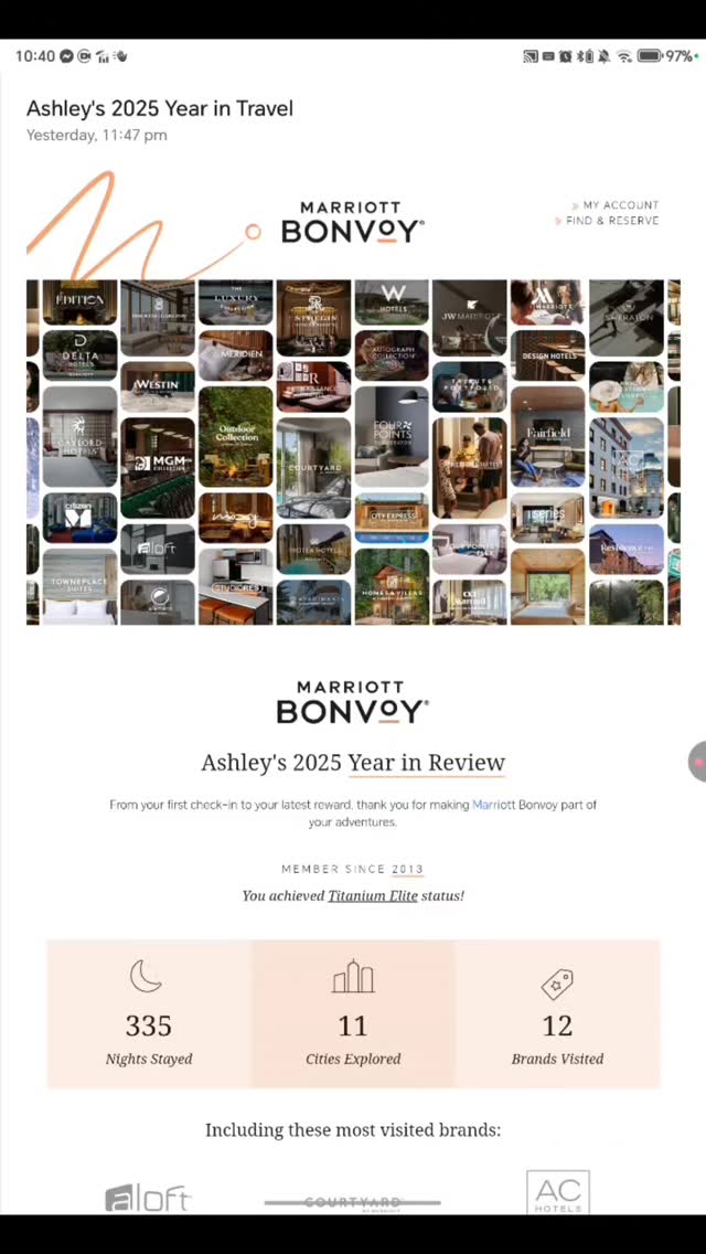 🎯 335 Nights (as of Nov 30). 11 Cities. 12 Brands.
I just got my 2025 Marriott Year in Travel email and was excited to see:
✔️ 204,242 Points Earned (so far...)
✔️ 461,500 Points Redeemed
✔️ Titanium Elite Status Achieved
I spent 2025 living full-time in hotels across 4 countries (Indonesia, Malaysia, India, and the United Arab Emirates) all for less than $12,000.
There are no fancy edits in this reel, just a raw look at the real stats so you can see what is actually possible but should I also post a full breakdown with visuals, cost per night, and how I stack free breakfast, dinner, and upgrades?
#MarriottBonvoy2025 #insearchoftraveler #blacknomads