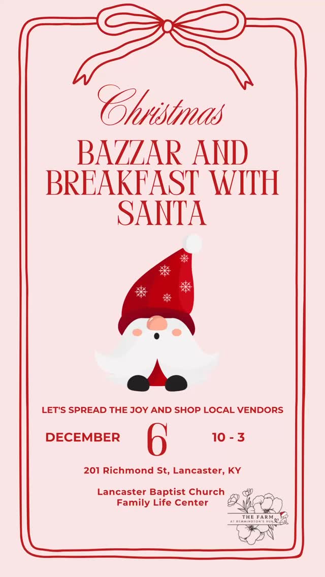 Join us this Saturday at the Lancaster Baptist Church Family Life Center for a Bazaar & Breakfast with Santa! 🥞🎁
We’re so excited to showcase our holiday items — come shop, eat, and kick off the season with us! 🎄
Don’t forget to stop by and say hi!
#ShopLocal #HolidayBazaar #LancasterKY #BreakfastWithSanta #SupportSmallBusiness #HandmadeHoliday #ChristmasMarket #FarmMade #LocalLove #HolidayShopping #SmallBusinessSaturday #FestiveSeason #ChristmasCrafts #LancasterBaptistChurch