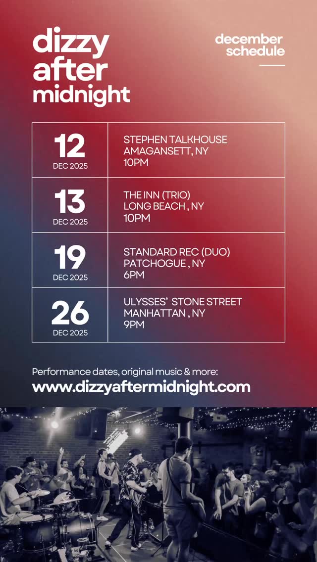 Have a very Dizzy Christmas, and an After Midnight New year :)
12/12 @talkhousebar
12/13 @theinnlbny
12/19 @stndrec
12/26 @ulyssesnyc