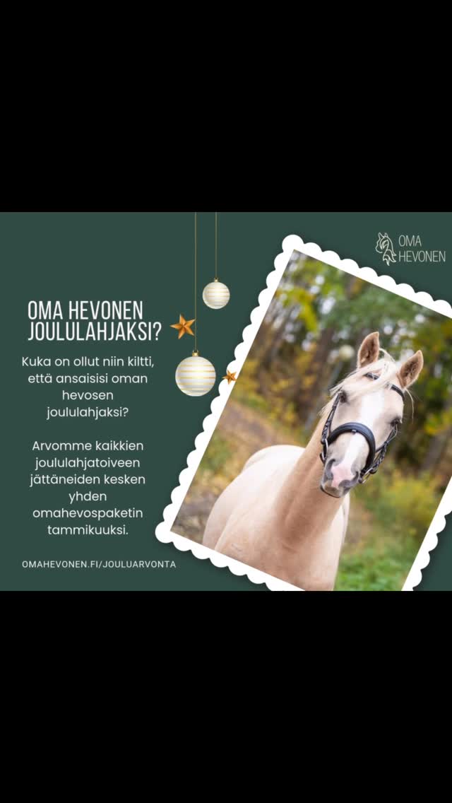 EDIT: Voittaja on arvottu ja oman hevosen tammikuuksi voitti Nea Ridell 🎁🎁🎁
Ei saatu aikaiseksi joulukalenteria, mutta täältä tulisi joululahja-arvonta, jossa pääpalkintona (myös ainoana palkintona) viime vuoden tapaan 1 päivän omahevospaketti tammikuulle 😍😍😍
Omaa hevosta voi toivoa itselleen tai lahjaksi ❤️
Osallistu näin:
1. Kommentoi alle kenet meidän hevosista haluaisit joululahjaksi
2. Täytä toivelomake osoitteessa omahevonen.fi/jouluarvonta
🎅🎅🎅🎅🎅🎅🎅
#omahevonen
#jouluarvonta
#parasjoululahja