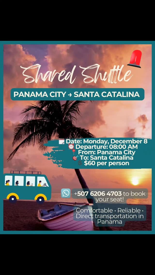 SHARED SHUTTLE ALERT! 🚍🏝️
On Monday December 8th we have availability in our shared shuttle from Panama City to Santa Catalina. This includes hotel pick-up and drop-offs! Let us take you directly to the beach 🏖️
Fun fact: Did you know? December 8th is Mothersday in Panama and is a national day off!
Contact us for more information 📲
#panamacity #santacatalina #travelpanama #transportepanama #transportationpanama #panamatourism #santacatalinapanama #sharedshuttle #sharedtransportation #PanamaTransfers #grouptransportationpanama #grouptransportation #PrivateTransferPanama #privatetransportation
#díadelamadre