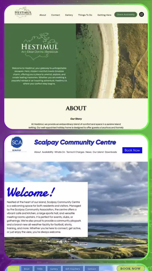 ✨ Supporting Local Businesses & Organisations Online ✨
A little snapshot of some of the websites I’ve created recently for amazing local businesses across the islands. Seeing them grow, thrive and reach new audiences is genuinely one of my favourite parts of this work 😊
From clean designs to smooth user journeys, I love helping businesses tell their story and shine online ✨
💻 If you’re thinking about a new website or a refresh, my inbox is always open!
#Hebridesign #OuterHebridesBusiness #SupportLocal #WebDesignUK #SmallBusinessScotland #IslesAtHeart