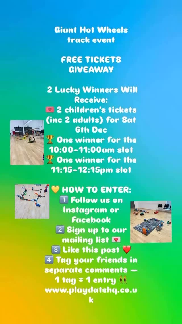 FREE TICKET GIVEAWAY 🎫
GIANT HOT WHEELS TRACK EVENT! 🚗🔥
Happening Saturday 6th December 🗓️
And guess what… we’re giving away FREE tickets! 🎟️✨
👀 One winner for EACH session!
🏆 Winners announced Sunday 30th November at 7pm
🎁 2 Lucky Winners Will Receive:
• 2 children’s tickets (includes 2 adults) 👨👩👧👦
• Event Date: Saturday 6th December
• Session Slots:
• ⏰ 10:00–11:00am
• ⏰ 11:15–12:15pm
⚠️ REMEMBER:
If YOU are tagged and want to enter, you must tag someone else to qualify! 🔁👥
🔥 HOW TO ENTER:
1️⃣ Follow @haplaydate on Instagram or Facebook 👍
2️⃣ Sign up to the Playdate HQ mailing list 💌
3️⃣ Like this post ❤️
4️⃣ Tag your friends in separate comments 👇
➡️ 1 tag = 1 entry
✨ Already booked for December? No worries — winners can use tickets for January sessions!
🚫 IGNORE ANY COMMENTS POSING AS US!
Winners will ONLY be contacted via DM.
We will NOT comment on this post or send any links.
If you’re unsure, email us: hello@playdatehq.co.uk ✉️
🇬🇧 Open to UK residents only.
📌 This giveaway is not endorsed, sponsored or associated with Facebook or Instagram.
📄 Full T&Cs on our website — link in bio.
✨ Good luck! 🍀🚗🔥
#hotwheels #enfieldkids #enfieldparents #enfieldtown #enfieldkidsactivities #hertskids #londonkids #playcars #kidsfun #enfield #hertfordshire #hertfordshirechildrensactivities #freeticketgiveaway #smallbusiness #thingstodokids