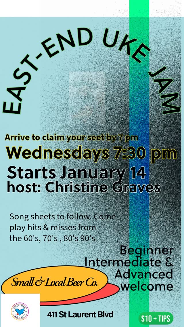 🎶✨ Grab your uke and join the East-End Uke Jam!
Happening Wednesdays at Small & Local Beer Co. 🎵
All levels welcome — beginner, intermediate & advanced.
Hosted by Christine Graves. Special Dec 10th first Jam and starting every Wednesday January 14!
Come play hits & misses from the 60s–90s and have some mid-week fun. 💛🎸 #UkeJam #UkuleleCommunity #MusicMeetup #OttawaMusic #EastEndCreatives #UkuleleFun #JamSession #LearnUkulele #LiveMusicVibes #CreativeCommunity #ottawamusic #ottawamusicscene #ottawaukelele