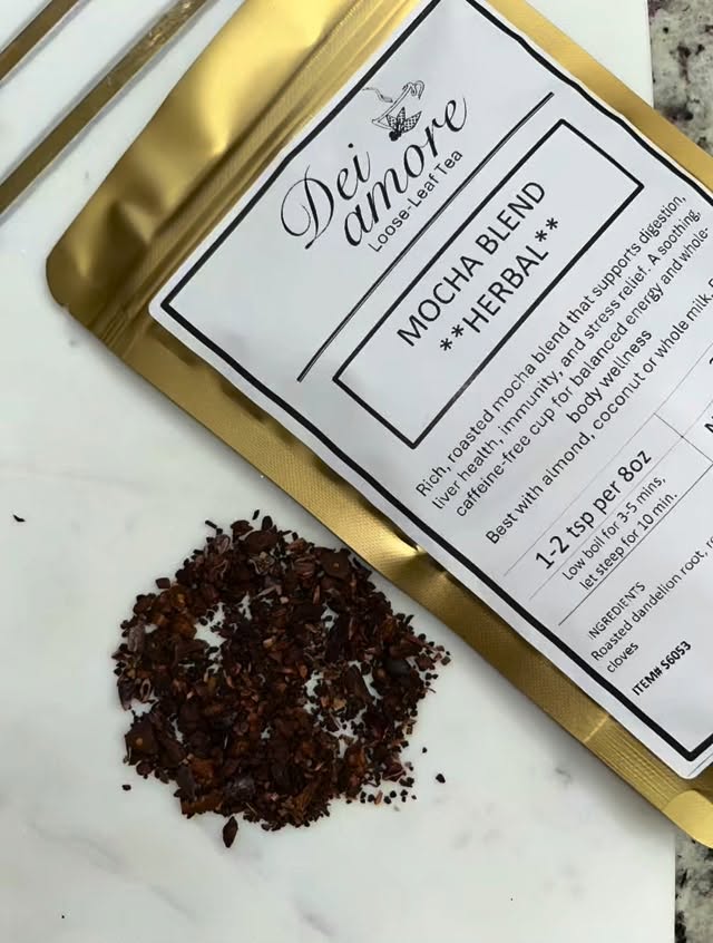 Enjoy this delicious Mocha Blend Herbal, deliciously healthy, caffeine-free, and full of flavor. Support your digestion, immune system, liver health and relief stress. All in one delicious cup. Enjoy hot or iced. #deiamore #elpaso #tea #looseleaftea #elp #everyone #followers #supportlocal #tealovers #coffee #mocha #herbal #healthy