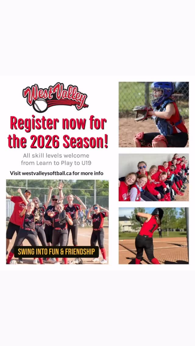 2026 REGISTRATION IS LIVE!
Registration is now OPEN for the 2026 Outdoor season for NW Calgary communities with West Valley Softball Association!🥎🥳
Softball is one of the fastest growing sports for girls that builds confidence, teamwork, health and friendships that can last a lifetime.
Check the link in our bio for info and registration!
https://www.westvalleysoftball.ca/
Indoor training start January 24 🏃♀️
#softball #fastpitch #softballlife #girlssoftball #fastpitchsoftball #girlsinsports #womeninsports #femaleathlete #girlpower #youthdevelopment #empoweringwomen #morethananathlete #playlikeagirl #calgarygirls #calgary #yyc #calgarysports #northwestcalgary