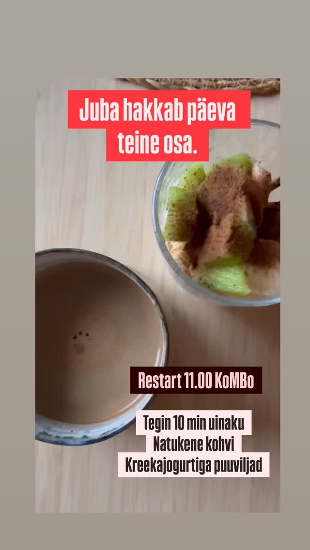 Jaa, hakkab juba päeva teine pool. Kohvi ma kohe hommikul ei tarbi aga viimane hetk seda teha. Pisut süskarit ja muidugi powernap. Hommikul juba jalutus, laps lasteaeda ja vastuvõtud. Nüüd aga uuesti tööd tegema, jõutrenn, laps balletti ja kodutoimetused. Magasin täna öösel 8 tundi, minu unevajadus on pigem 9.00 :D Üleeilsest unevõlg ka otsa 4 h, seega powernap on must be!!!