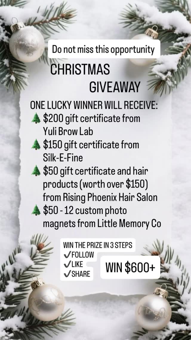 GIVEAWAY TIME🌲Christmas is just around the corner and we have decided to put a little pampering giveaway for you all!
💫HERE IS WHAT YOU CAN WIN:
✔️ $200 gift certificate from Yuli Brow Lab
✔️ $150 gift certificate from Silk-E-Fine
✔️ $50 gift certificate and hair products
(worth over $150) from Rising Phoenix Hair Salon
✔️ $50 - 12 custom photo magnets from
Little Memory Co
⭐️HOW TO ENTER:
1. FOLLOW —> @winnipeg_brows
@silk.e.fyne
@risingphoenixwpg
@littlememory.co
2. TAG —> FRIENDS
3. SHARE —> TO STORIES
⭐️WINNER will be announced on Wednesday, December 24th, 2025 @ 1pm CST. Best of luck💚