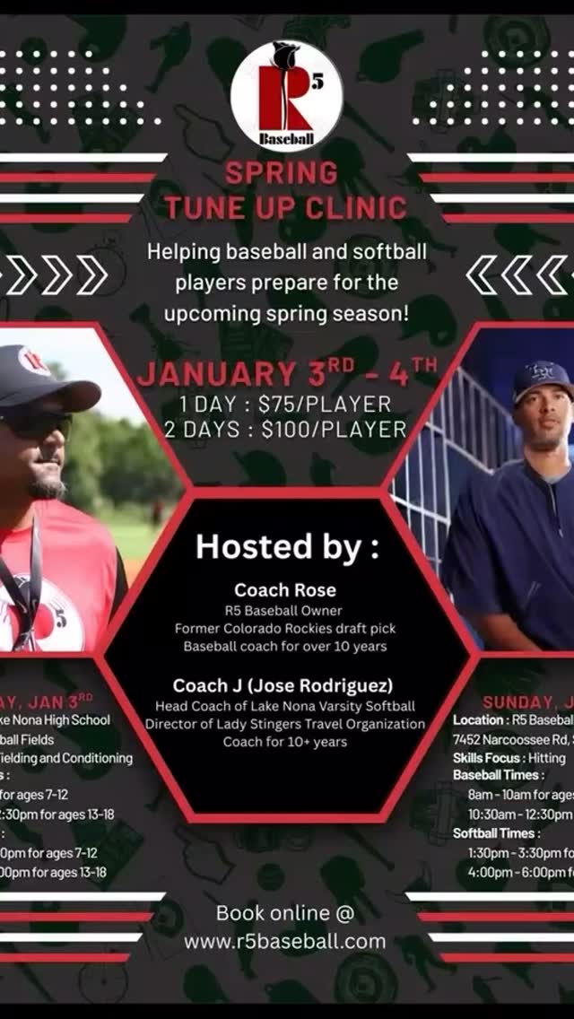 🔥 SPRING TUNE UP CLINIC IS HERE! 🔥
Baseball + Softball players : it’s time to level UP before spring season hits! 💯⚾🥎
📅 January 3rd & 4th
💰 1 Day: $75 | 2 Days: $100
We’re bringing the HEAT with two elite coaches:
⭐ Coach Rose — Former Colorado Rockies draft pick & R5 Baseball Owner
⭐ Coach J — Lake Nona Varsity Softball Head Coach & Lady Stingers Director
Two days. Two locations. Serious skill work.
Fielding. Conditioning. Base Running. Hitting. 💥
DAY 1 — Sat, Jan 3rd @ Lake Nona High School Fields
⚾ Baseball:
• 8–10am (ages 7–12)
• 10:30am–12:30pm (ages 13–18)
🥎 Softball:
• 1:30–3:30pm (ages 7–12)
• 4–6pm (ages 13–18)
DAY 2 — Sun, Jan 4th @ R5 Baseball Cages
⚾ Hitting (Baseball):
• 8–10am (ages 7–12)
• 10:30am–12:30pm (ages 13–18)
🥎 Hitting (Softball):
• 1:30–3:30pm (ages 7–12)
• 4–6pm (ages 13–18)
🚨 Spots WILL fill fast. Don’t wait.
👉 Register now at www.r5baseball.com : Make sure to register the correct time slot for your player based on their age. (If paying to attend both days, we will add them to the second day for the same time slot).
Let’s get your athlete locked in and ready to dominate this spring! 💪🔥
Message us for any questions!#baseball #battingcages #softball #baseballlife #indoorbattingcages #floridabaseball #lakenona #floridabaseball #floridasoftball #centralflorida #orlandoflorida #baseballclinic #softballclinic clinic