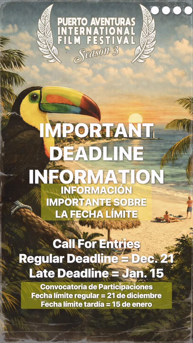 Big reminder: We are approaching the Season 3 Call For Entries Deadline December 21st – this is your best opportunity to be selected! But it’s not too late, the final deadline for late entries is January 15th. Hurry!
Gran recordatorio: Nos estamos acercando a la fecha límite de la convocatoria para la Temporada 3, el 21 de diciembre – ¡esta es tu mejor oportunidad para ser seleccionado! Pero aún no es demasiado tarde, la fecha límite final para inscripciones tardías es el 15 de enero. ¡Apresúrate!
#PAIFF #pafilmfestival #filmfestival #tulum #cancun #rivieramaya #playadelcarmen #cozumel #puertoaventuras #akumal #callforentries #filmfest #filmmakers @puertoaventurasoficial @rivieramayainsidermx