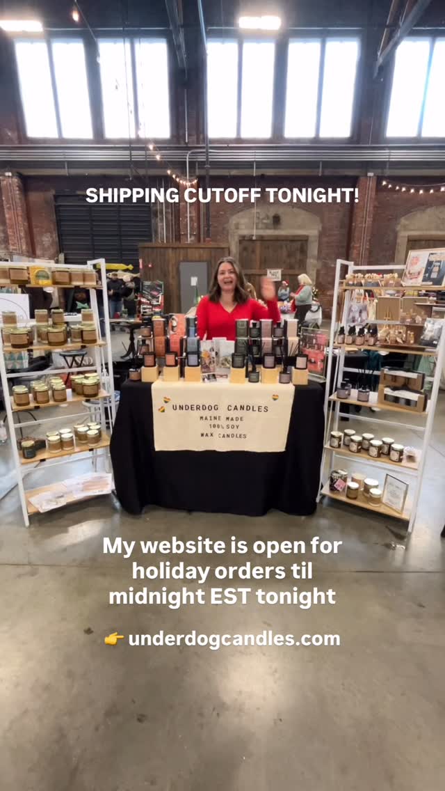 Need candles or diffusers by Christmas Eve? 👇
🕯️SHOP ONLINE: Place your order at underdogcandles.com by 12/15 (free shipping over $75!) After that, I’ll be closing up shop to celebrate the holidays with family & friends, so all orders placed after Dec. 15 will be shipped the first week of Jan. 2026.
🕯️SHOP IRL: My pop-up events are over for the year, but you can shop my candles IRL at over 20 stores across the US - check my website for the full list! A few Maine shops that are loaded up with my holiday candles (or will be this week!):
👉 @arcanamaine
👉 @fiddleheads546
👉 @carolinaspecialtyshop
🕯️E-GIFT CARDS: These work for my future candle making classes AND anything in my online shop (except subscriptions), and they can be delivered instantly or on a day/time of your choosing! Grab yours at the link in my bio
As always, thank you so much for supporting my small biz and making all of this possible 🫶
