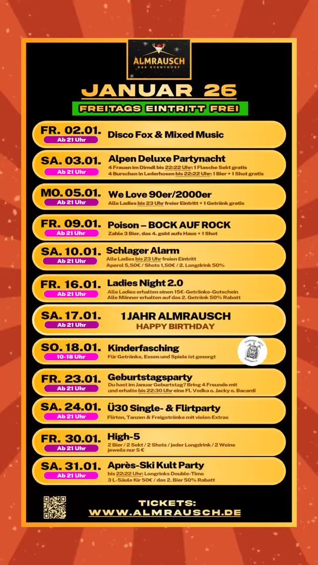 ❄️🎉 JANUAR IM ALMRAUSCH 🎉❄️
Neues Jahr, neue Nächte, neue Abenteuer mit euch 😍🌟
2026 werden wir gemeinsam Geschichte schreiben!
Von Disco Fox bis Rock, von Schlager bis Après-Ski – von Newcomer bis Superstars – jeder Freitag Eintritt frei und am 17.01. feiern wir 1 Jahr Almrausch 🥳🍾
👉 Swipe durch den Monat, such dir deine Dates raus & komm vorbei.
Der Januar wird wild. gemütlich. legendär.
#AlmrauschReutlingen #JanuarVibes #FeiernImSchnee #EintrittFrei #PartyKalender AlmrauschMomente