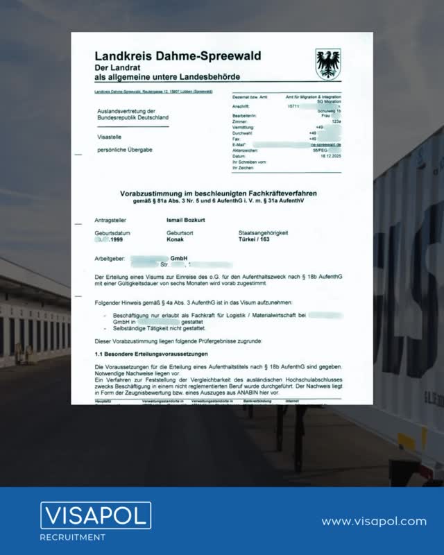 🇩🇪Berlin’de, Lojistik sektöründe faaliyet gösteren anlaşmalı işverenimiz bünyesinde çalışmak üzere 81a başvurusu yapılan İsmail Bozkurt için ön onay süreci başarıyla tamamlandı.
İsmail Bey için gerekli tüm evraklar eksiksiz şekilde hazırlanarak vize randevusu talebinde bulunuldu ve artık vize görüşmeleri için geri sayıma geçildi. Kısa süre içerisinde Almanya Konsolosluğu’nda yapılacak vize görüşmeleriyle birlikte Almanya’daki yeni hayatına bir adım daha yaklaşmış olacak.
Bu süreçte tüm gerekli evraklar ve resmi başvurular, alanında uzman ekibimiz tarafından Visapol Recruitment olarak titizlikle hazırlanmıştır.
Siz de benzer bir sürece adım atmak istiyorsanız, online görüşme hizmetimiz aracılığıyla kolayca randevu oluşturabilir, Almanya’da kariyer hedeflerinize güvenle ilk adımı atabilirsiniz.
#almanya