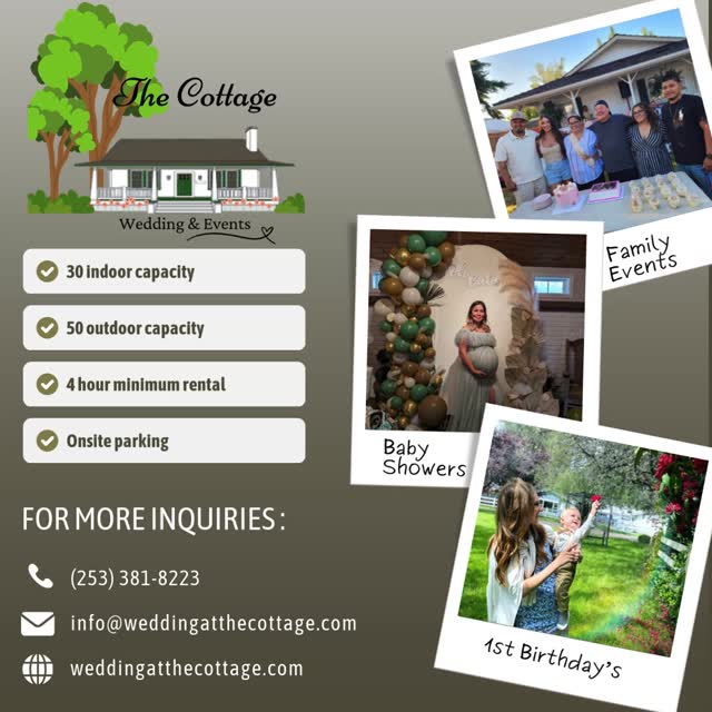 Looking for a venue to host your next event? We would love to show you The Cottage. Tours are by reservation only. Call (253) 381-8223.
#venue #venuerental #venuespace #VenueMagic #budgetvenue #wedding #birthdayvenue #birthdayvenue #birthdayvenues #tacoma #tacomawa #tacomalife #puyallup #puyallup #showervenue #firstbirthday #firstbirthdayparty #Microwedding
#weddingrenewal #anniversary
http://rebrand.ly/2p4wgj3