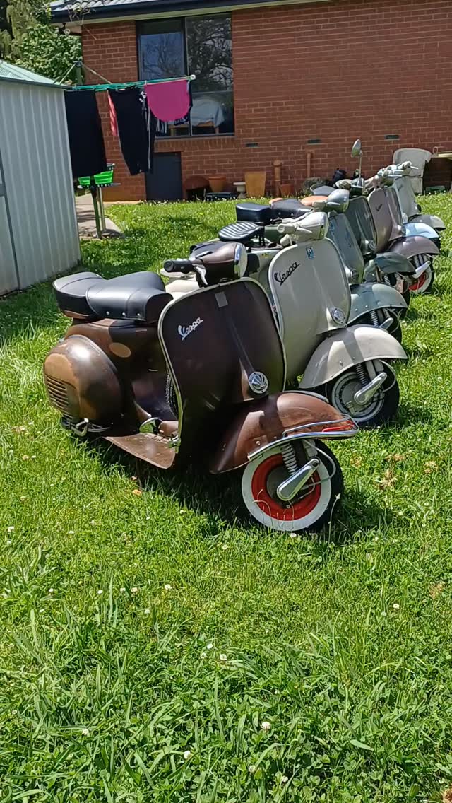 Authentic Vespa Resurrection by GNC
Impromptu Show & Shine at GNC - rolling the current projects out for a shed floor clean up.
I should have lined them up in order of age 🤷♂️
Left to right:
1961 Vespa VNB 125 Rat Rod
1957 Vespa VNA 125
1960 Vespa VBA 150 Custom Rat
1960 Vespa VNB 125
1962 Vespa VNB 125
1960 Vespa VNB 125
1958 Vespa VNA 125 Rat project
Aiming at having most of these back on the road within the next 5 weeks