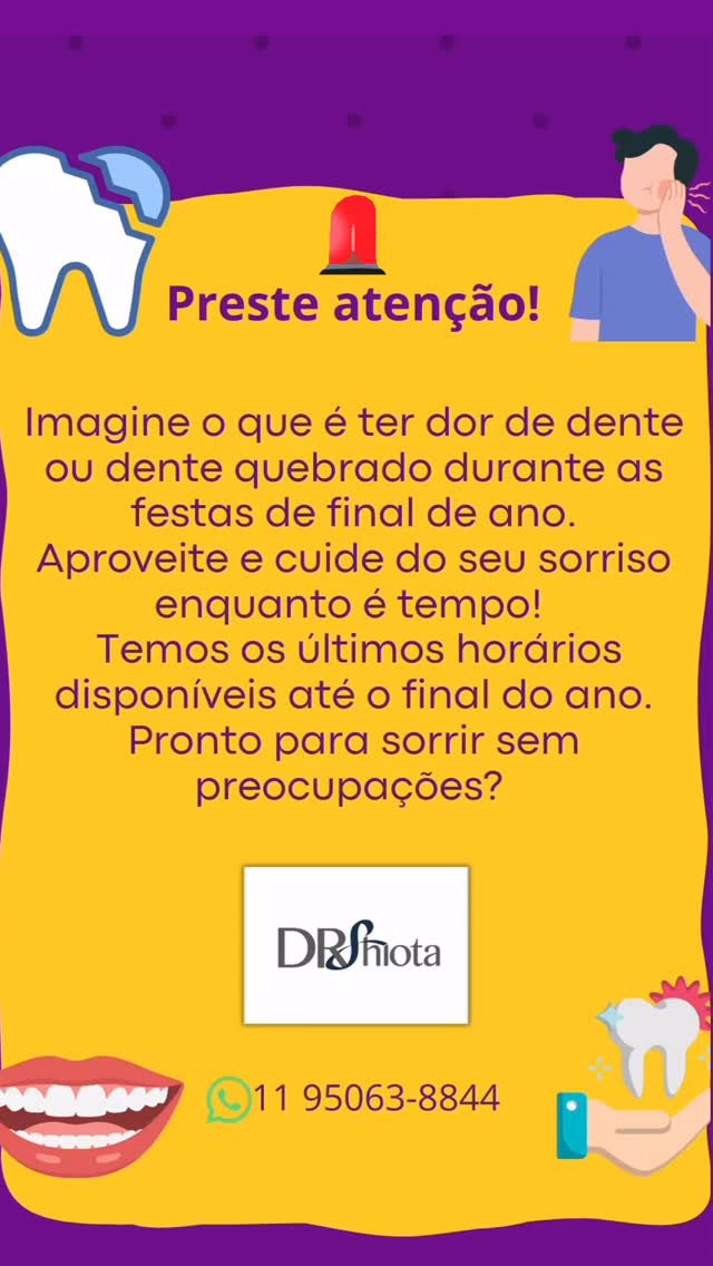 O único “estalo” que a gente quer ouvir no final do ano é o do brinde, não o do dente! 🥂❌🦷
Todo ano é a mesma coisa: a gente deixa para depois e a dor de dente resolve aparecer bem na véspera do feriado. Vamos evitar esse estresse?
✅ Limpeza em dia
✅ Avaliação de restaurações
✅ Sorriso pronto para as fotos
Restam pouquíssimos horários antes do recesso. Corre para garantir a sua! 🏃♂️
#SaudeBucal #DicasDeSaude #Dentista São Paulo #AnoNovo #SorrisoNovo