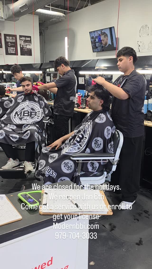 New business hours Tues- Thur 8-6, student services performed 12-5pm. Starting Jan 6th.
Modernbbi.com
979-704-3033
Become a licensed barber or cosmetologists today!