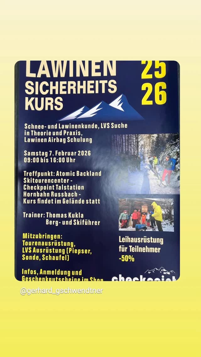 Last-Minute-Geschenk
Hier ist der Termin für unser jährliches Lawinensicherheitstraining für die Saison 25–26.
Dieses Mal findet es im Februar statt, am Samstag, den 7., wie gewohnt von 9 bis 16 Uhr.
Wir haben den Termin heuer bewusst in den Februar gelegt, in der Hoffnung, dass es nicht mehr so kalt ist wie in den letzten Jahren und dass vielleicht etwas mehr Schnee vorhanden ist.
Die Teilnehmerzahl ist wieder auf 12 Personen begrenzt. Die Durchführung erfolgt erneut mit unserem Bergführer Thomas Kukla.
Ein super Weihnachtsgeschenk für alle Skitourengeher. Gutscheine dafür gibt es in allen Checkpoint-Filialen in Rußbach und in Gosau.
Bitte kräftig teilen.
#Lawinensicherheit #Skitourengehen #Skitour #Bergsport #Wintersport #SafetyFirst #Lawinentraining #OutdoorTraining #Checkpoint #Rußbach #Gosau #Bergführer