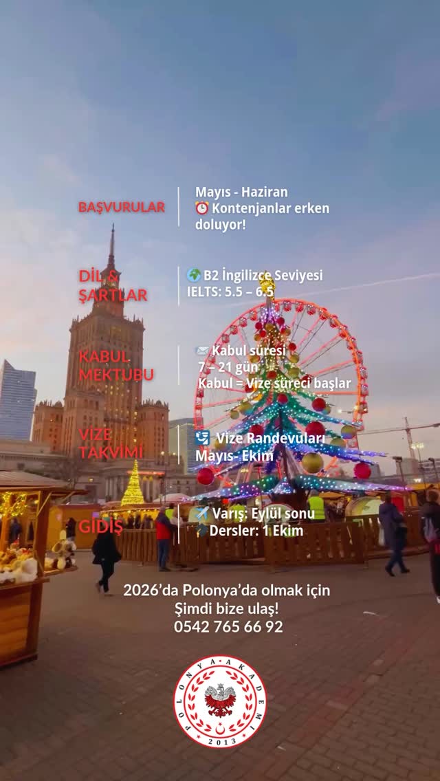 ⭐🎓2026 POLONYA ÜNİVERSİTE BAŞVURU SÜRECİ BAŞLADI!
Mayıs – Haziran başvurular açılıyor ⏳
Erken kayıt = daha hızlı kabul + daha güçlü vize dosyası 🇵🇱
📌 İngilizce programlar
📌 IELTS / Dil şartları
📌 Kabul – vize – gidiş süreci tek merkezden
2026’da Polonya’da üniversite okumak isteyenler,
şimdi harekete geçmezseniz geç kalırsınız!
📲 Bize hemen ulaş!
📞 0542 765 66 92
📞 0312 468 50 30
#polonyadaüniversite #polonyavize #polonyadaokumak #polonyadaegitim #yurtdisieğitim