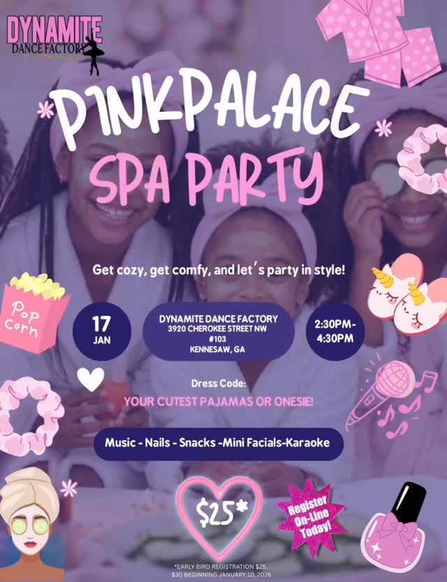 💖✨ PINK PALACE SPA PARTY ✨💖
Calling all Pink Palace Princesses! 👑#
Join us Saturday, January 17, 2026 for the ultimate girls day at the studio!
💅 Painted nails
🎤 Karaoke
🧖🏽♀️ Mini facials
💕 GIRL TIME & confidence boosts!
✨ Early Bird ONLY $25
👯♀️ Friends are welcome
🎀 Drop-off event | Ages 4–9
Parents — enjoy lunch + pampering while the girls have the BEST time at the Pink Palace 💕
Spots are limited and the form will close once we’re full!
👉 Register now — link in bio!
Let’s gooooo PINK PALACE PRINCESSES! 💖👑
#PinkPalaceSpaParty #DynamiteDanceFactory #GirlsDay #MiniSpaDay PinkPalacePrincesses GirlsTime DanceStudioFun ConfidenceStartsYoung 💅🎀✨