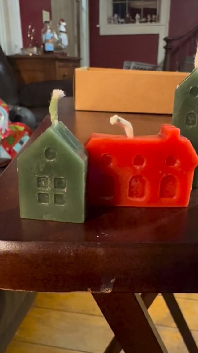 Mitchell is ready for New Years - he has a lot of great candle ideas waiting for me to come up with how to package them. This tiny village will be coming to a markets and our store in New Year!
#beeswax #beeswaxcandles #shoplocal