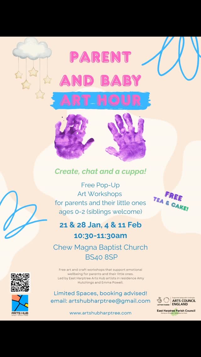 ✨Excited to announce our new FREE art wellbeing sessions for parent and baby in Chew Magna Baptist Church!
👩🏽🎨 Hosted by our fabulous Arts Hub artists in residence @amyhutchingsprints (weeks 21 & 28th Jan) and @emmapowelletc (weeks 4 & 11th Feb), they will encourage shared exploration of art through simple activities such as hand printing and making baby mobiles
📆 21st & 28th Jan and 4th & 11th Feb
⏰ 10:30-11:30am
📍Chew Magna Baptist Church, BS40 8SP
🤱🏽For parents/carers and little ones age 0-2 (siblings welcome)
☕ Free tea, coffee and cake
🎨 Free art and craft workshop
BOOKING ADVISED - spaced limited!!!
✉️ Email: artshubharptree@gmail.com
#artshub #parentandbaby #artwellbeing #chewvalley
#artworkshops